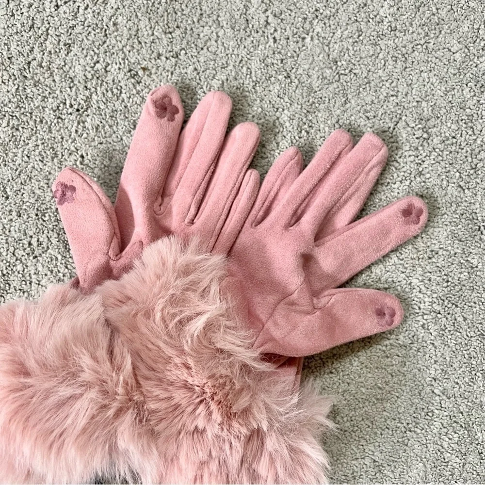 Super-Soft Faux Suede Pink Gloves Faux Rabbit Fur Tech Touch Fingers Size S